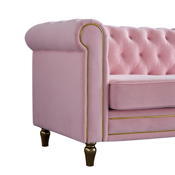 English Elm Chesterfield Rolled Arm Sofa 84.65" Elegant Button-Tufted Velvet, Gold Trim & Turned Feet Lounge Charm Pink W579104834