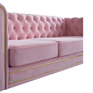 English Elm Chesterfield Rolled Arm Sofa 84.65" Elegant Button-Tufted Velvet, Gold Trim & Turned Feet Lounge Charm Pink W579104834