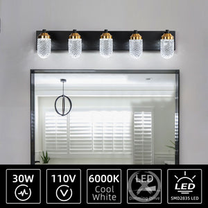 English Elm Vanity Light Bar with Five Led Bulbs Matte Black Frame Clear Glass Bathroom Mirror W134070913