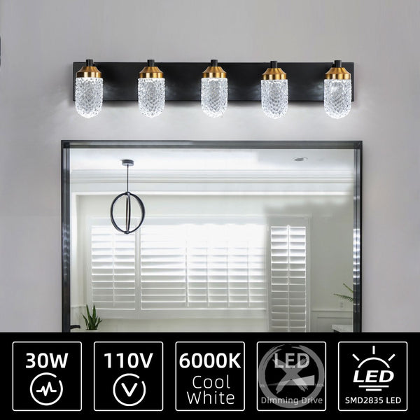 English Elm Vanity Light Bar with Five Led Bulbs Matte Black Frame Clear Glass Bathroom Mirror W134070913
