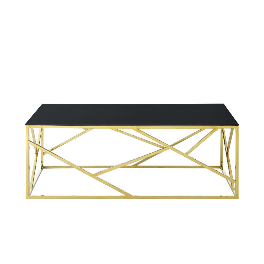 English Elm Modern Black Tempered Glass Rectangular Table with Gold Steel Frame for Living Spaces W1567110789