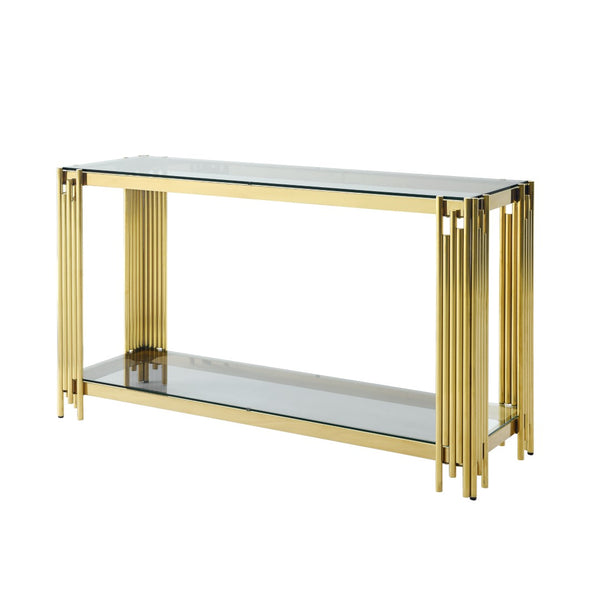 English Elm Glass Top Console Table Gold Metal Frame Narrow Entryway Sofa Hall Display W1567110863
