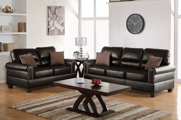 English Elm Espresso Plush Faux Leather 2-Piece Sofa & Loveseat Set with Nickel Buttons, Contemporary Comfort B011S00411