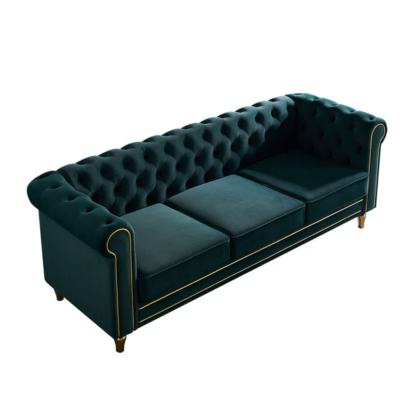 English Elm Chesterfield Rolled Arm Sofa 84.65" Elegant Button-Tufted Velvet, Gold Trim & Turned Feet Lounge Charm Green W579104832