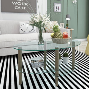 English Elm Transparent Oval Tempered Glass Coffee Table with Oak Legs Three Tier Living Room W24194362