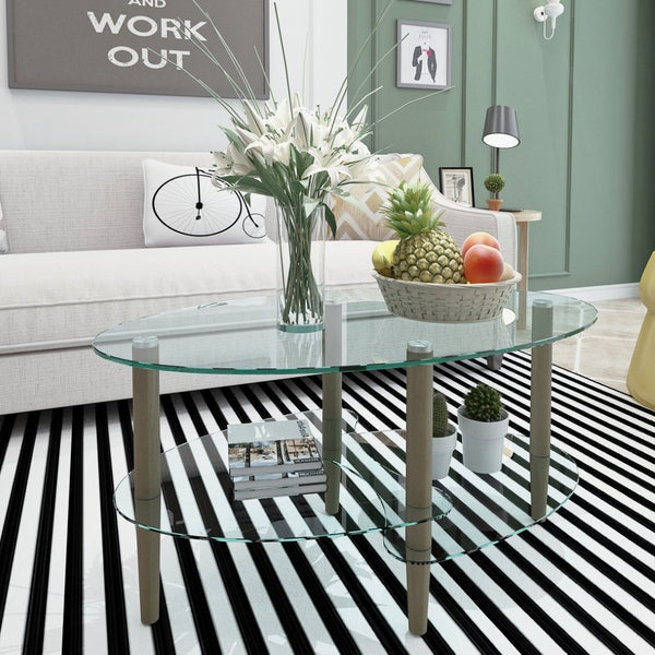 English Elm Transparent Oval Tempered Glass Coffee Table with Oak Legs Three Tier Living Room W24194362