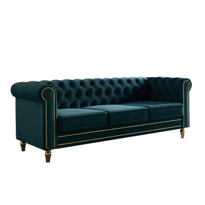English Elm Chesterfield Rolled Arm Sofa 84.65" Elegant Button-Tufted Velvet, Gold Trim & Turned Feet Lounge Charm Green W579104832