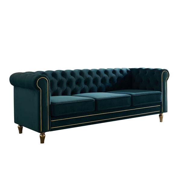 English Elm Chesterfield Rolled Arm Sofa 84.65" Elegant Button-Tufted Velvet, Gold Trim & Turned Feet Lounge Charm Green W579104832