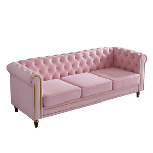 English Elm Chesterfield Rolled Arm Sofa 84.65" Elegant Button-Tufted Velvet, Gold Trim & Turned Feet Lounge Charm Pink W579104834