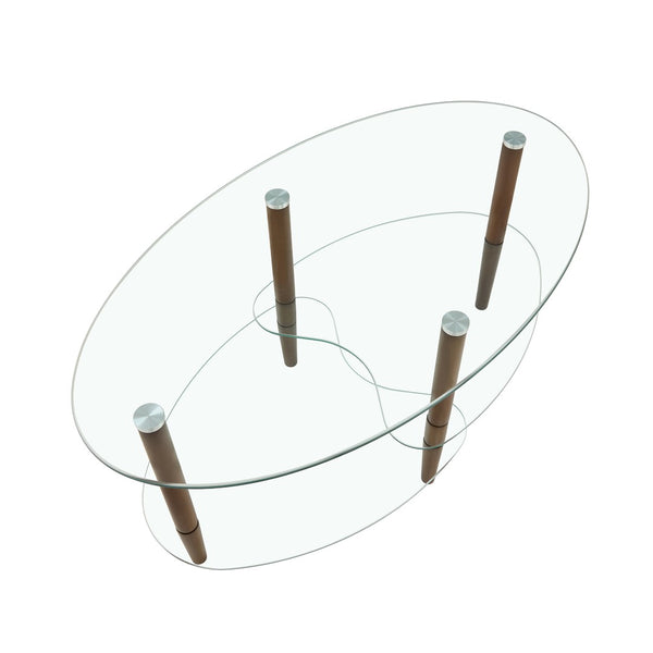 English Elm Transparent Oval Tempered Glass Coffee Table with Oak Legs Three Tier Living Room W24194362