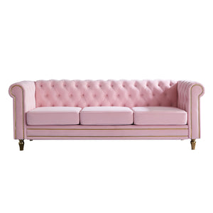 English Elm Chesterfield Rolled Arm Sofa 84.65" Elegant Button-Tufted Velvet, Gold Trim & Turned Feet Lounge Charm Pink W579104834