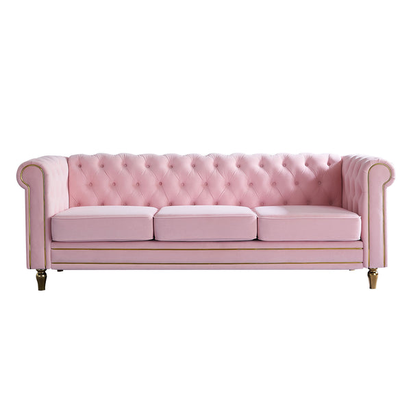 English Elm Chesterfield Rolled Arm Sofa 84.65" Elegant Button-Tufted Velvet, Gold Trim & Turned Feet Lounge Charm Pink W579104834