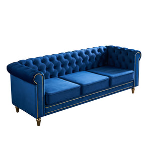 English Elm Chesterfield Rolled Arm Sofa 84.65" Elegant Button-Tufted Velvet, Gold Trim & Turned Feet Lounge Charm Blue W579104839