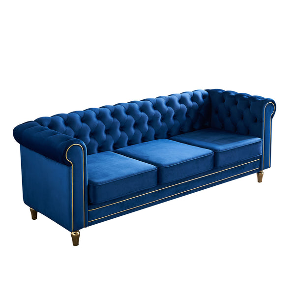 English Elm Chesterfield Rolled Arm Sofa 84.65" Elegant Button-Tufted Velvet, Gold Trim & Turned Feet Lounge Charm Blue W579104839
