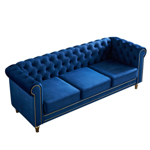 English Elm Chesterfield Rolled Arm Sofa 84.65" Elegant Button-Tufted Velvet, Gold Trim & Turned Feet Lounge Charm Blue W579104839