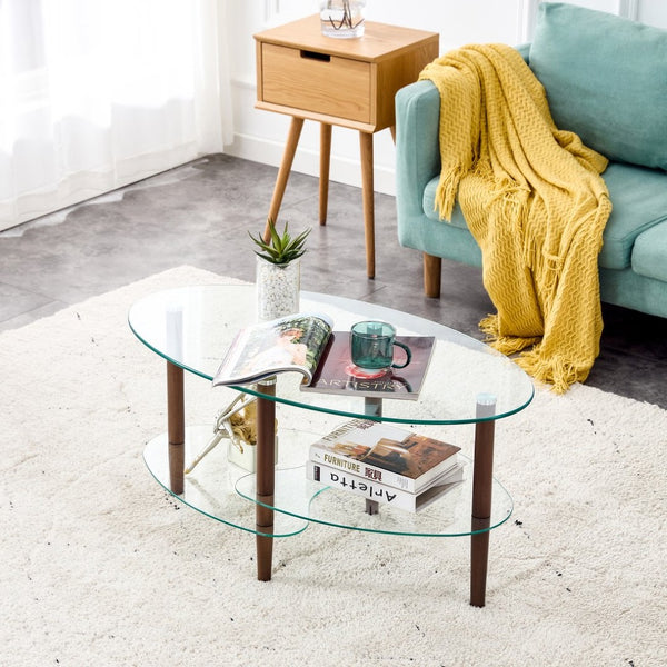 English Elm Transparent Oval Tempered Glass Coffee Table with Oak Legs Three Tier Living Room W24194362