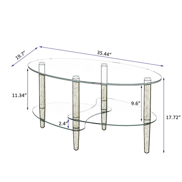 English Elm Transparent Oval Tempered Glass Coffee Table with Oak Legs Three Tier Living Room W24194362