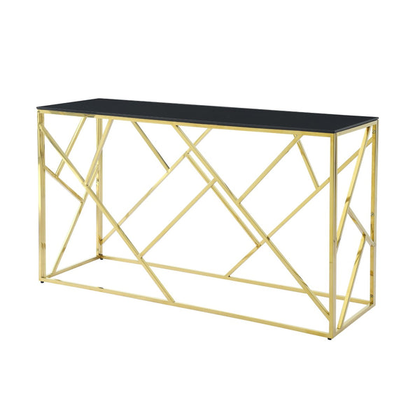 English Elm Modern Chrome Metal Console Table Black Tempered Glass Top for Entryway or Living Room W1567110796