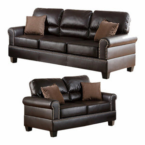 English Elm Espresso Plush Faux Leather 2-Piece Sofa & Loveseat Set with Nickel Buttons, Contemporary Comfort B011S00411