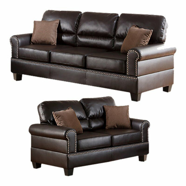 English Elm Espresso Plush Faux Leather 2-Piece Sofa & Loveseat Set with Nickel Buttons, Contemporary Comfort B011S00411
