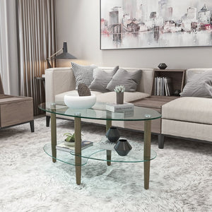 English Elm Transparent Oval Tempered Glass Coffee Table with Oak Legs Three Tier Living Room W24194362