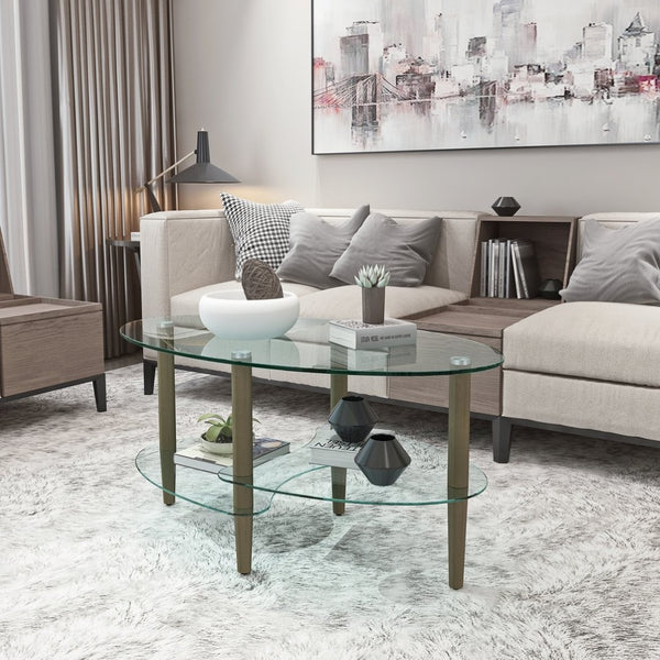 English Elm Transparent Oval Tempered Glass Coffee Table with Oak Legs Three Tier Living Room W24194362