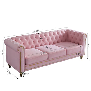 English Elm Chesterfield Rolled Arm Sofa 84.65" Elegant Button-Tufted Velvet, Gold Trim & Turned Feet Lounge Charm Pink W579104834