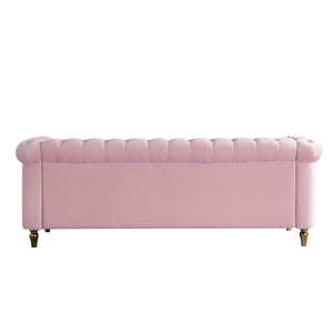 English Elm Chesterfield Rolled Arm Sofa 84.65" Elegant Button-Tufted Velvet, Gold Trim & Turned Feet Lounge Charm Pink W579104834