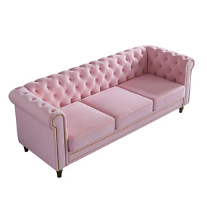 English Elm Chesterfield Rolled Arm Sofa 84.65" Elegant Button-Tufted Velvet, Gold Trim & Turned Feet Lounge Charm Pink W579104834