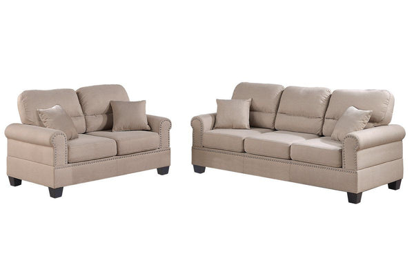 English Elm Sand 2-Piece Sofa & Loveseat Set — Plush Double Barrel Seats, Nickel Button Trim, Contemporary Linen-Like Fabric, Family Relax Living Room Furniture B011S00412