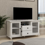 Hearth and Haven Cobble TV Stand with 2 Glass Door Storages, Open Shelf and 2 Drawers, White W282S00081