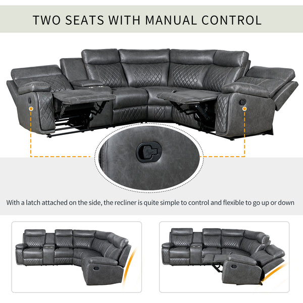 Home Theater Seating Manual Recliner Sofa With Cup Holders & Hideaway Storage, Pu Comfort, Sturdy Frame, Infinite Positions, 330 Lb Capacity