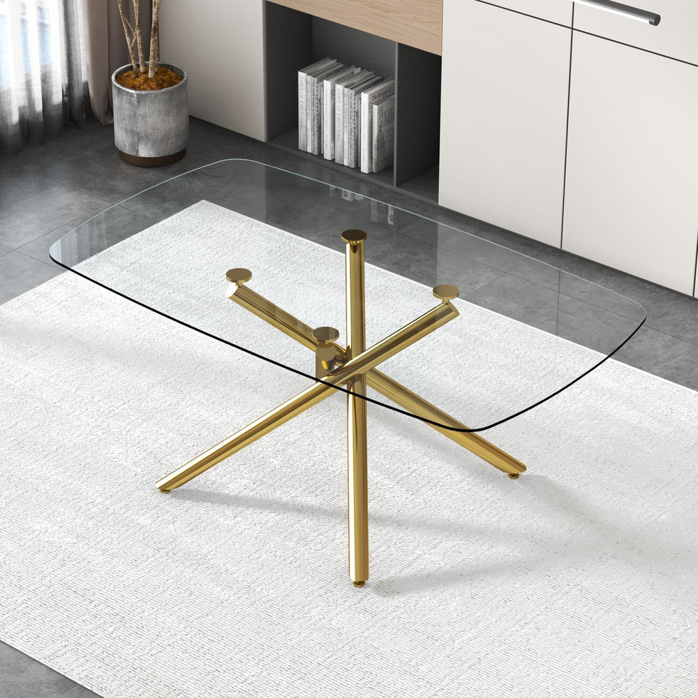 English Elm Large Modern Minimalist Rectangular Glass Dining Table With Gilded Metal Legs For Versatile Use W1151S00840