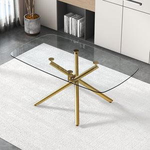 English Elm Large Modern Minimalist Rectangular Glass Dining Table With Gilded Metal Legs For Versatile Use W1151S00840