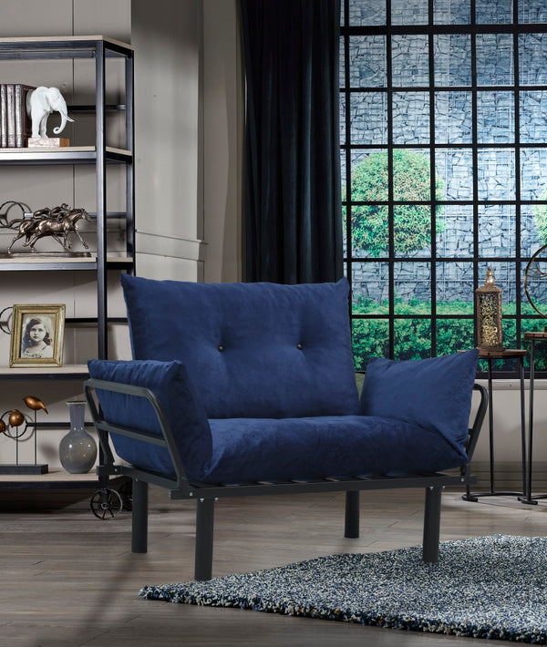 English Elm Sona Futon Love Seat Convertible Compact Metal Frame Sofa Bed for Small Spaces and Guest Comfort Blue B029119238