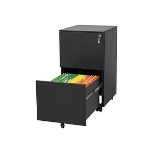 English Elm 2 Drawer Mobile File Cabinet with Lock, Steel Anti-Tilt Rolling Office Cabinet, Heavy-Duty Storage, Black, Under-Desk Compliance for Legal/Letter Size, 80kg Top Capacity W252103816