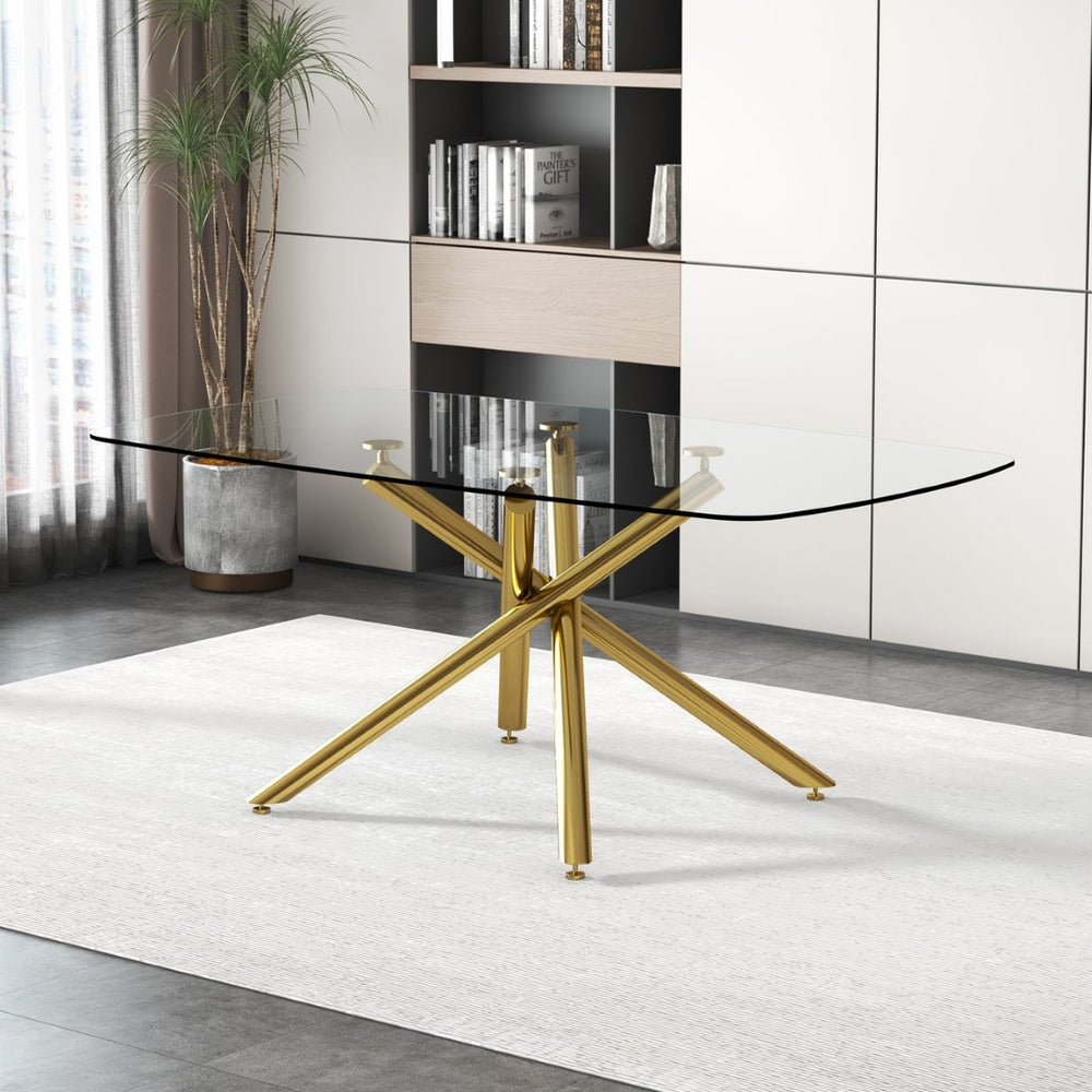 English Elm A Tempered Glass Rectangular Dining Table with Silver Metal Legs Seats Six W1151S04536