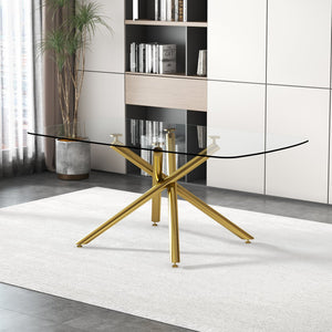 English Elm Large Modern Minimalist Rectangular Glass Dining Table With Gilded Metal Legs For Versatile Use W1151S00840