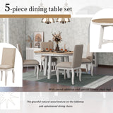 English Elm Trexm 5-Piece Farmhouse Dining Table Set Wood Round Extendable Dining Table and 4 Upholstered Dining Chairs (Oak Natural Wood + Antique White)