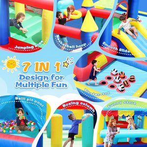 English Elm 7 in 1 Inflatable Bouncy Castle with Jump Zone Ball Pit and Obstacles for Kids W1677109362