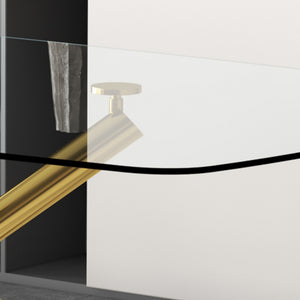 English Elm Large Modern Minimalist Rectangular Glass Dining Table With Gilded Metal Legs For Versatile Use W1151S00840