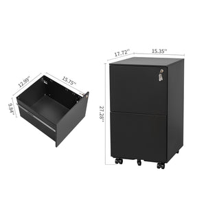 English Elm 2 Drawer Mobile File Cabinet with Lock, Steel Anti-Tilt Rolling Office Cabinet, Heavy-Duty Storage, Black, Under-Desk Compliance for Legal/Letter Size, 80kg Top Capacity W252103816
