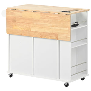 English Elm Kitchen Island Cart with Drop Leaf Power Outlet Rubberwood Top Wine Rack Rolling White WF305556AAW