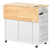 English Elm Kitchen Island With Power Outlet,Kitchen Storage Island With Drop Leaf and Rubber Wood,Open Storage and Wine Rack,5 Wheels,With Adjustable Storage For Home, Kitchen, and Dining Room,White