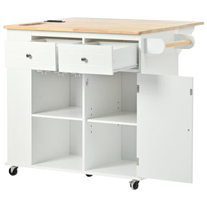 English Elm Kitchen Island Cart with Drop Leaf Power Outlet Rubberwood Top Wine Rack Rolling White WF305556AAW
