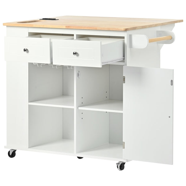 English Elm Kitchen Island Cart with Drop Leaf Power Outlet Rubberwood Top Wine Rack Rolling White WF305556AAW