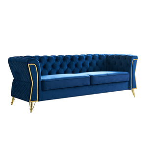 English Elm Modern Tufted Velvet Sofa 87.4 Inch For Living Room Blue Color