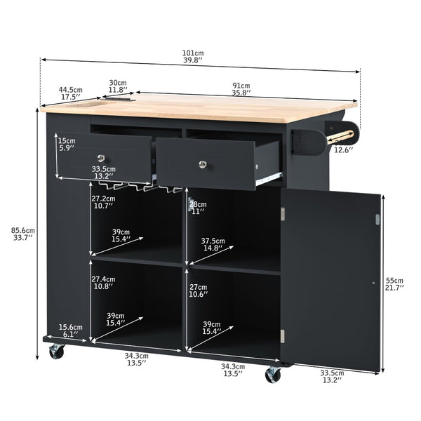 English Elm Kitchen Island Cart with Drop Leaf Power Outlet Rubberwood Top Wine Rack Rolling Black WF305556AAB
