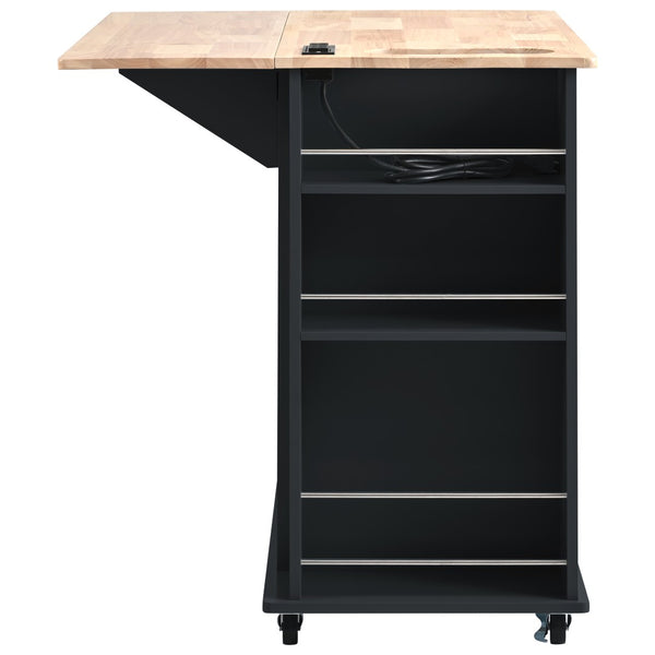English Elm Kitchen Island Cart with Drop Leaf Power Outlet Rubberwood Top Wine Rack Rolling Black WF305556AAB