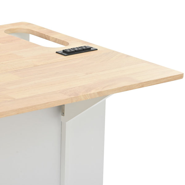 English Elm Kitchen Island Cart with Drop Leaf Power Outlet Rubberwood Top Wine Rack Rolling White WF305556AAW